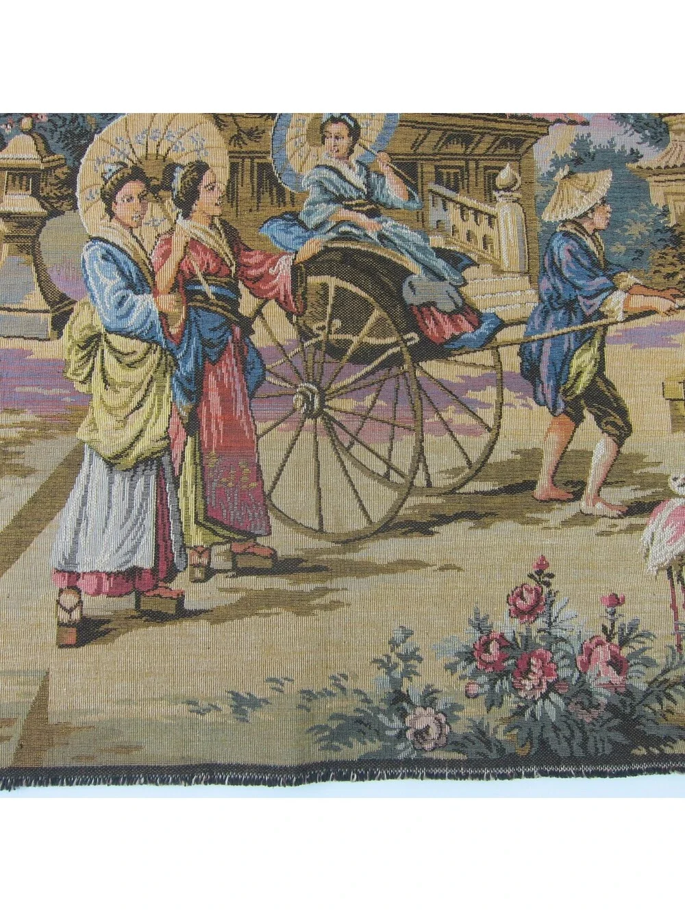 Vintage French Tapestry Japanese Geisha Parasol Cart Pagoda with Rod 25 x 19